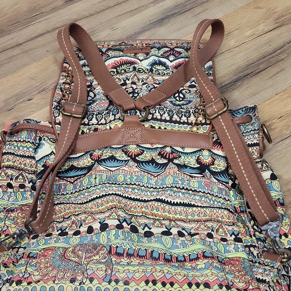 SAKROOT Blue Orange Boho Convertible Drawstrimg Backpack Elephant Tassel Key Fob